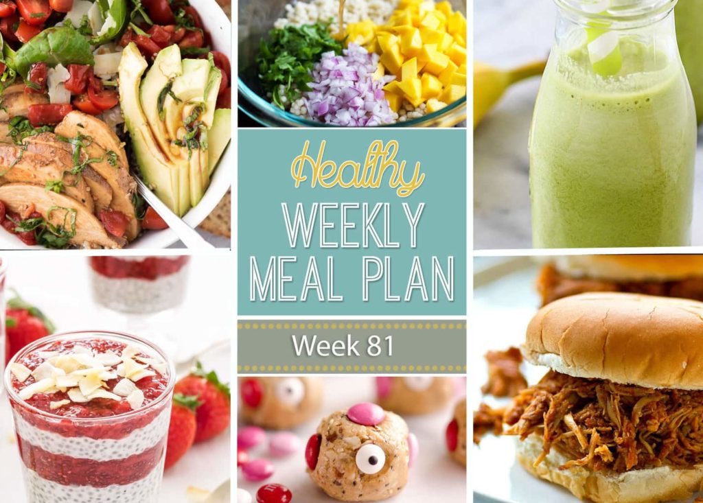 Healthy Weekly Meal Plan #81 is a menu plan built custom every week to help you eat healthier and make life easier! You will love the variety of dinner recipes. Also included are a healthy breakfast, lunch, side dish, snack and dessert to make throughout the week. Enjoy!