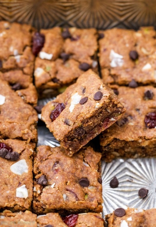 Crisp edges, a chewy center and loaded with trail mix goodies! Not only are these Oatmeal Almond Butter Trail Mix Cookie Bars a tasty treat, but they’re also made with better-for-you ingredients. Perfect for a snack or treat at the end of your next hike!