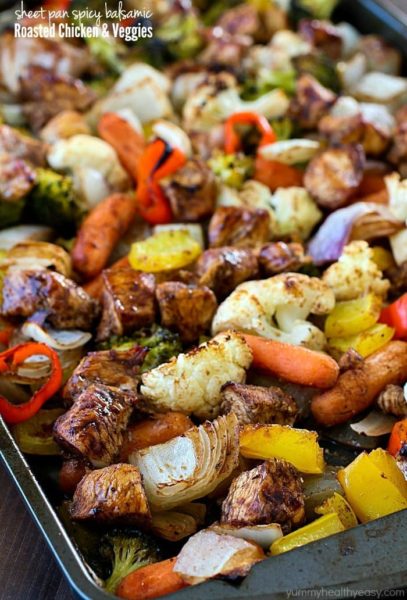 Sheet Pan Spicy Balsamic Roasted Chicken & Veggies for the WIN!! This dinner is full of fiber-filled veggies and lean chicken, tossed in a spicy balsamic sauce and then baked on a sheet pan. Easy peasy and gluten free, paleo and clean eating!