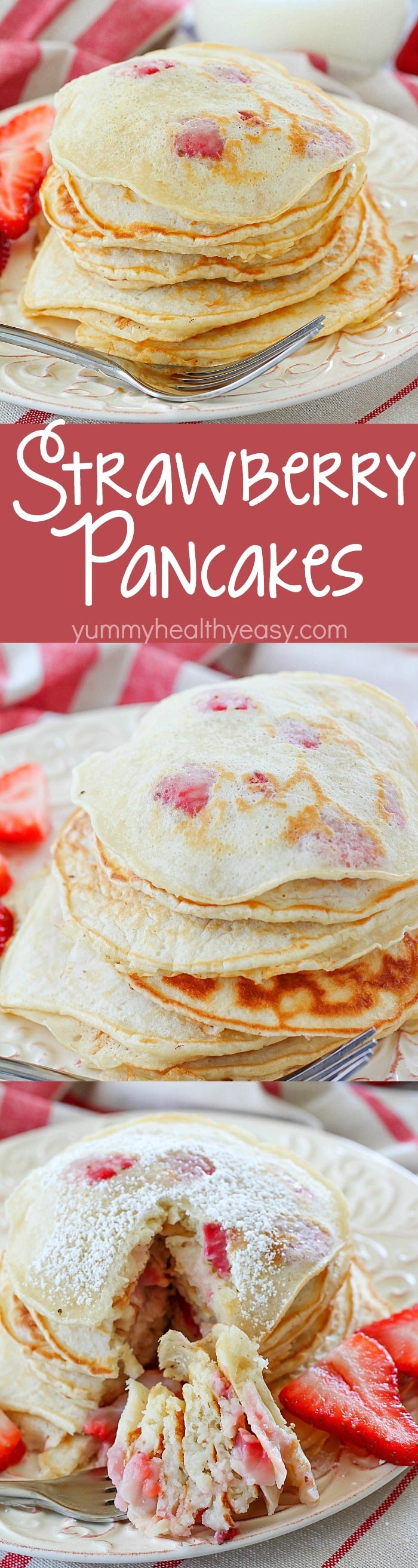 Start your day right with a stack of Strawberry Pancakes! These pancakes are packed with cubed strawberries and are so light and fluffy! They're a quick and easy to make breakfast the whole family will love!