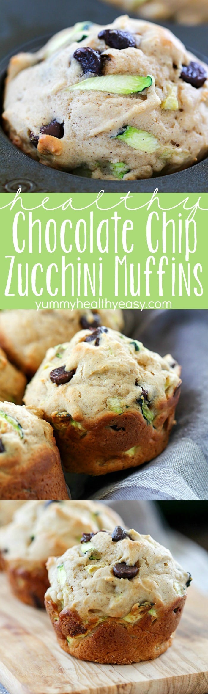 These Chocolate Chip Zucchini Muffins are the best of both worlds - healthy AND decadent! They're full of tender zucchini and chocolate chips but are made healthier by using applesauce instead of lots of butter. These make a yummy breakfast or after school snack!