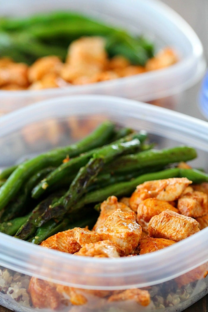 Be prepared to eat healthy for the week by making your meals in advance! These Meal Prep Baked Lime Chicken Bowls are not just healthy but also delicious! Chicken breasts are cubed and marinated in a chili-lime marinade and then baked and paired with quinoa and green beans for make-ahead healthy meals!