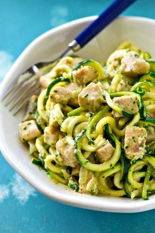 These super-creamy alfredo zucchini noodles get TONS of flavor kicked up by fresh pesto and tender chicken cubes makes it an entire carb-free meal! This one-pot dinner is the comfort food your weeknight needs!