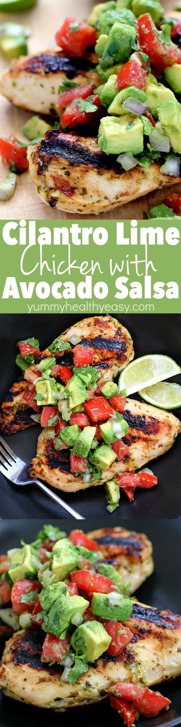 Incredibly tender Cilantro Lime Chicken served with a crazy delicious Avocado Salsa! A healthy dinner recipe that's quick and easy to make but looks fancy! AD via @jennikolaus