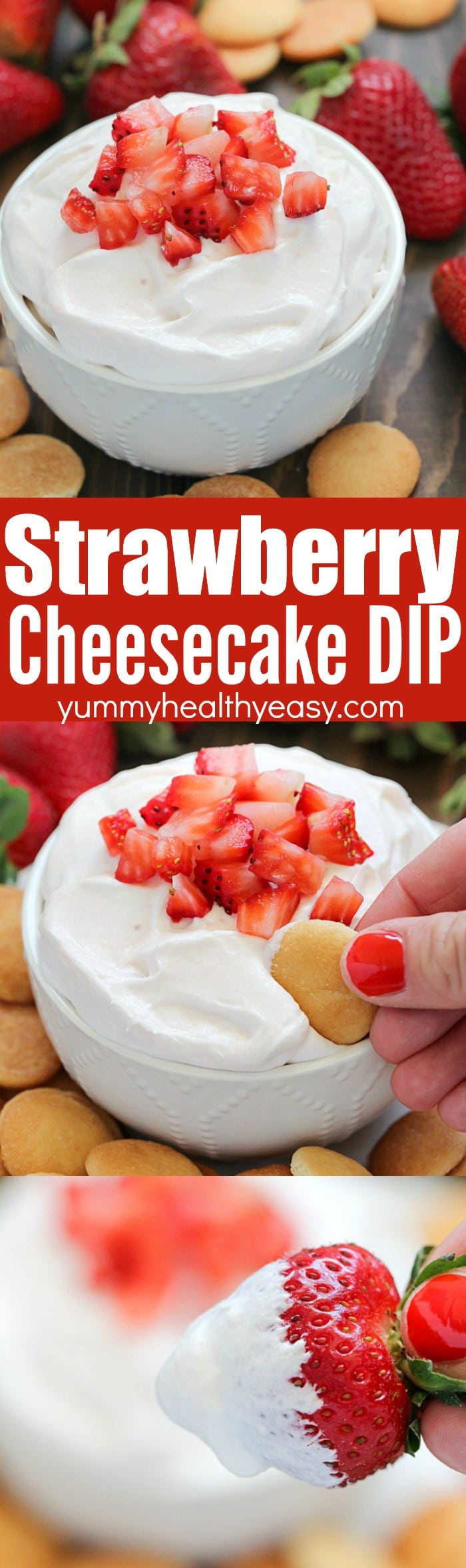 This Strawberry Cheesecake Dip is a creamy fruit dip that's full of strawberry cheesecake flavors but without all the calories of traditional cheesecake! #dessert #dip #strawberries #light #easydip via @jennikolaus