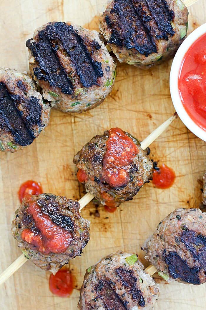 These versatile Skewered Italian Meatballs can be dipped in pasta sauce for a delicious low carb dinner, served on rolls for meatball sandwiches or over spaghetti! AD