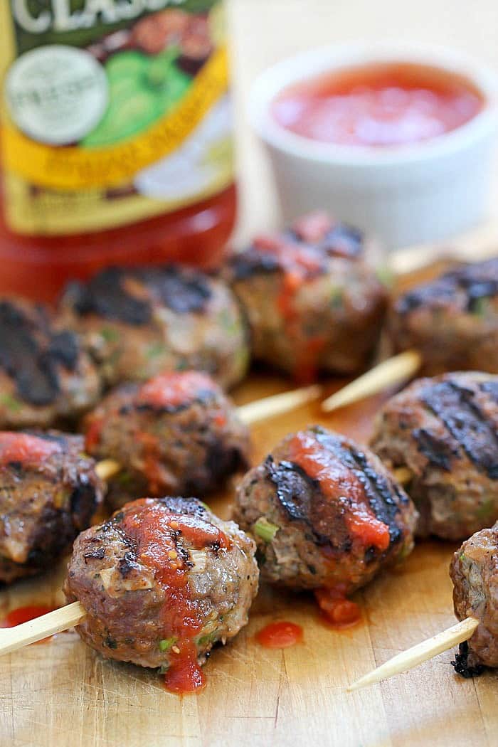 These versatile Skewered Italian Meatballs are just the thing for dinner tonight! Dip them in pasta sauce for a low carb dinner, or load onto bread from meatball sandwiches or over noodles! AD
