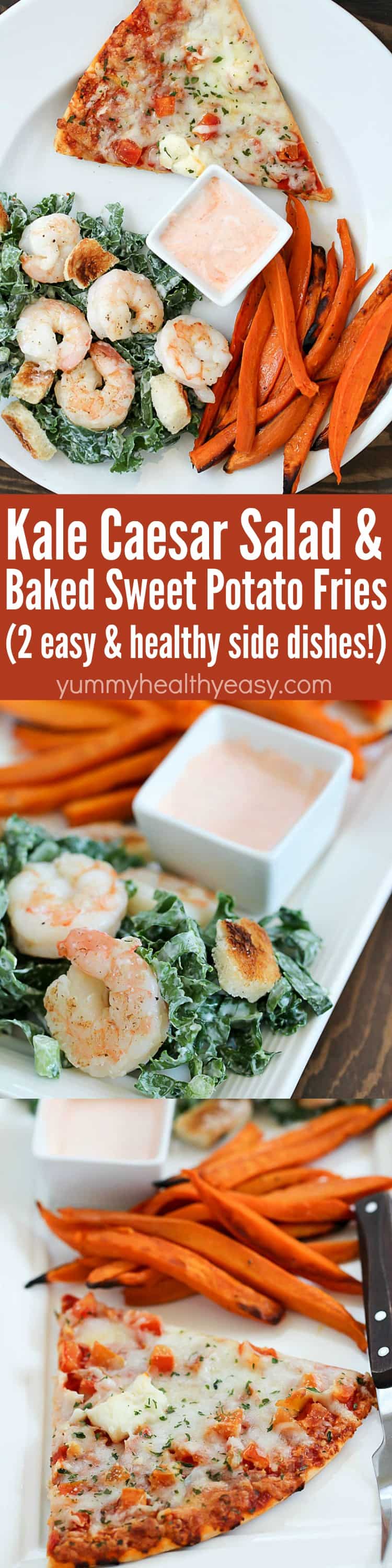 Baked Sweet Potato Fries and Shrimp Kale Caesar Salad