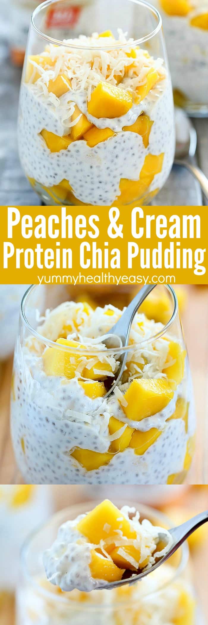 Looking for a healthy but delicious treat? Try this Peaches and Cream Protein Chia Pudding Recipe! Only 4 ingredients and SO GOOD! Filled with chia seeds, protein, greek yogurt and fruit, this chia pudding is super easy to make and delicious! You won't want to miss this super easy recipe! #chiapudding #healthydessert #healthysnack #protein #peachesandcream #lowcalorie #healthy #highprotein 