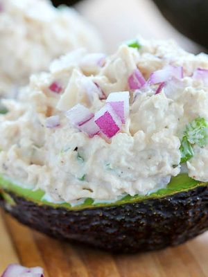 Check out my secret ingredient in my tuna salad recipe! Loads of crunch in these Keto Tuna Salad Stuffed Avocados!