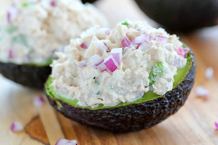 Check out my secret ingredient in my tuna salad recipe! Loads of crunch in these Keto Tuna Salad Stuffed Avocados!