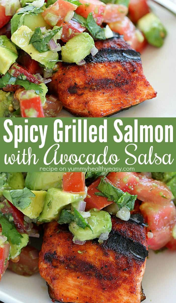 The whole family will go crazy for this Spicy Grilled Salmon with Avocado Salsa! Coat the salmon with an easy to make, sweet & spicy rub. Then throw the seasoned salmon fillets on the grill and whip up an easy Avocado Salsa to top this Spicy Grilled Salmon off with. This is an easy, healthy salmon dinner that is sure to please! #AD #easydinnerrecipe #salmon #salmonrecipe #healthydinner #grillrecipe #grilledsalmon #spicysalmon #spicy #avocado #avocadosalsa #dinnertime #dinner via @jennikolaus