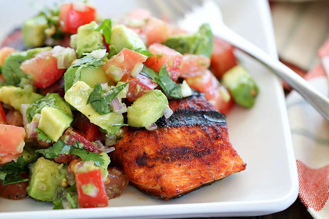 Need a quick & easy dinner for tonight? Whip up this Spicy Grilled Salmon with Avocado Salsa in no time!