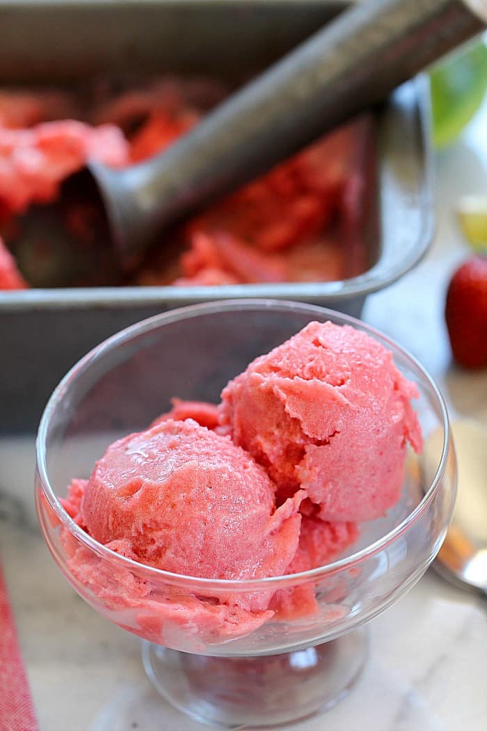 This is the easiest recipe for Strawberry Sorbet! Only a few ingredients and a blender, freeze and enjoy! Healthy and delicious.