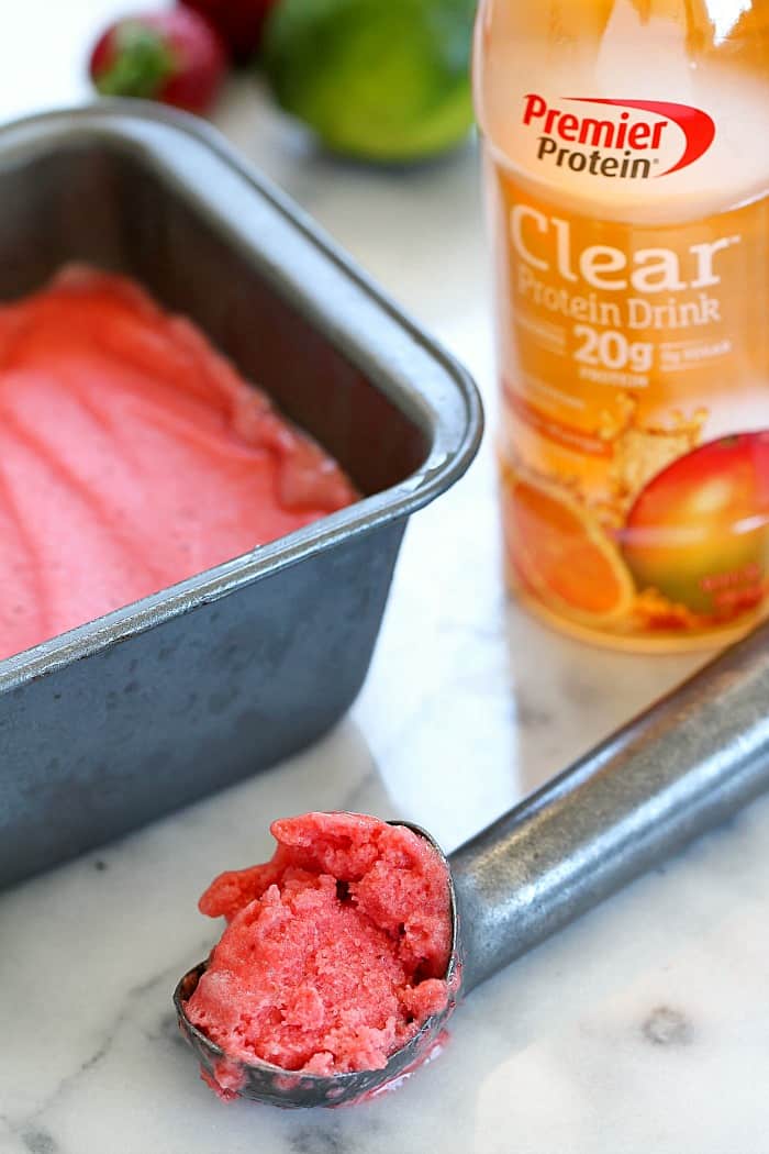 Get ready for a flavor explosion when you try this Easy Strawberry Sorbet Recipe! Only a few ingredients and a blender needed for this delicious, healthier treat! #AD