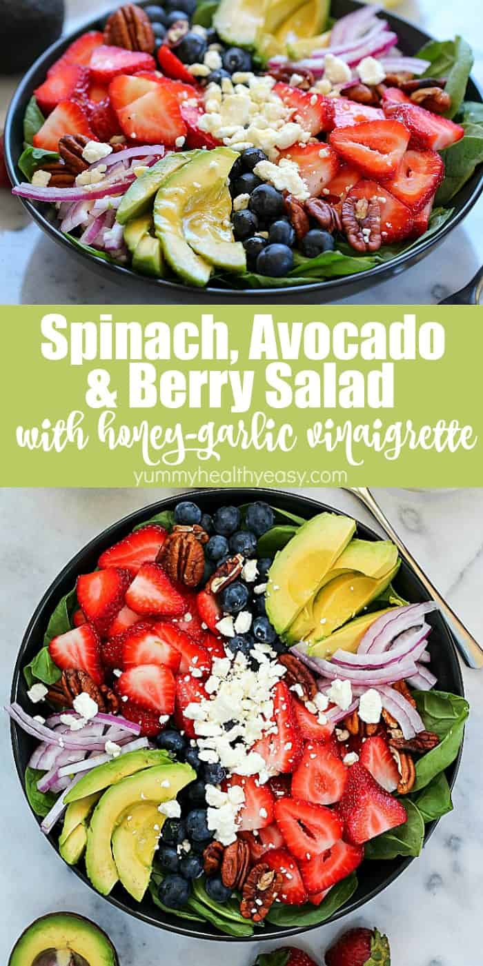 You will FLIP over this Spinach Salad Recipe! Leaves of spinach topped with berries, avocado, feta cheese, red onion, walnuts and a homemade honey-garlic vinaigrette! #AD #salad #spinach #avocado #summer #food #recipe #healthy #spinachsalad via @jennikolaus