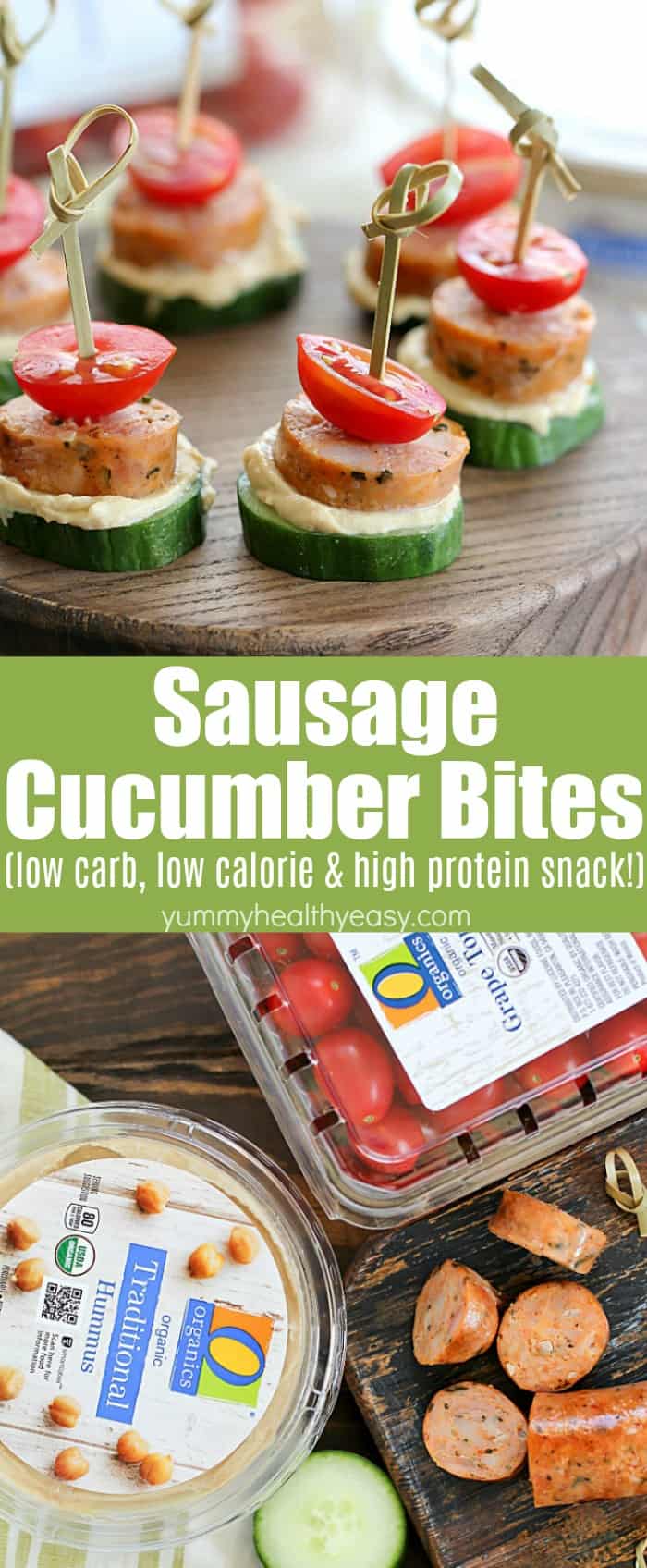 Looking for a delicious snack that's healthy, too? Try these Sausage Cucumber Bites! Fun to make and fun to eat! Your kids will love helping you put these together! They're low carb, low calorie, and high protein! The perfect after school snack! #ad #lowcarb #lowcalorie #highprotein #snack #recipe #yummy #healthy #easy #delicious