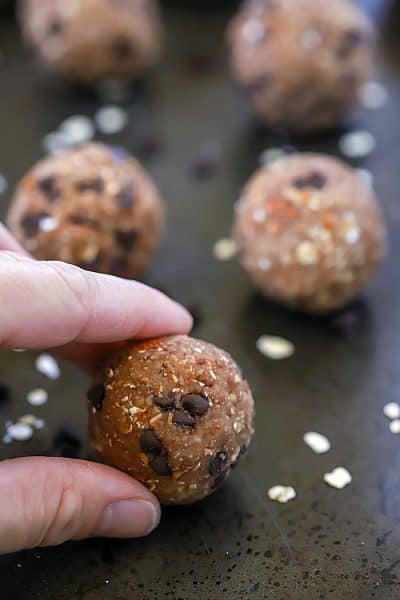 Rows of Chocolate Almond Protein Energy Bites. #ad