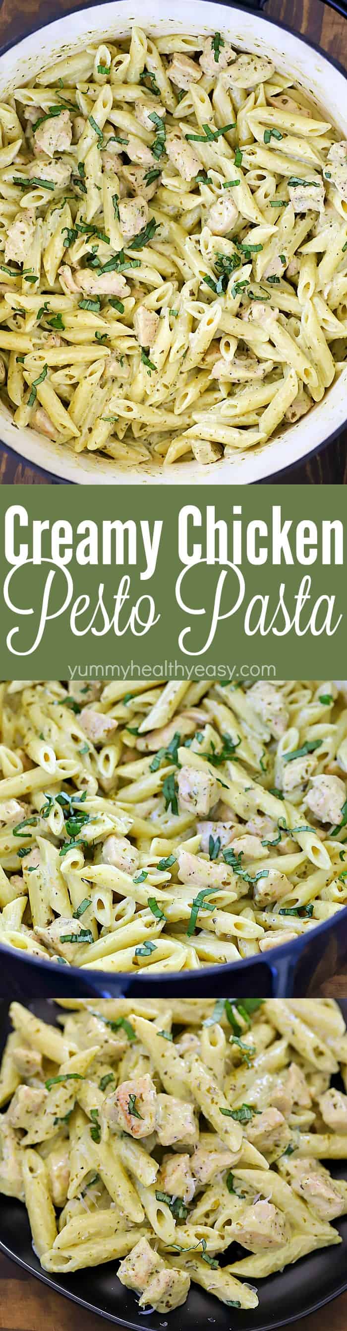 This Creamy Chicken Pesto Pasta Recipe is seriously the BEST dinner recipe ever! It's super easy to make, only requires only a few ingredients, and tastes amazing! This is my family's favorite pasta dinner recipe!