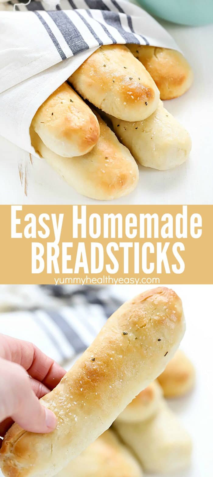 This Easy Homemade Breadsticks Recipe is easy to make and tastes incredible! Pairs perfectly with any main dish. They come out of the oven soft and delicious - the whole family will love them! #bread #carbs #breadsticks #sidedish #recipe #easy #homemade