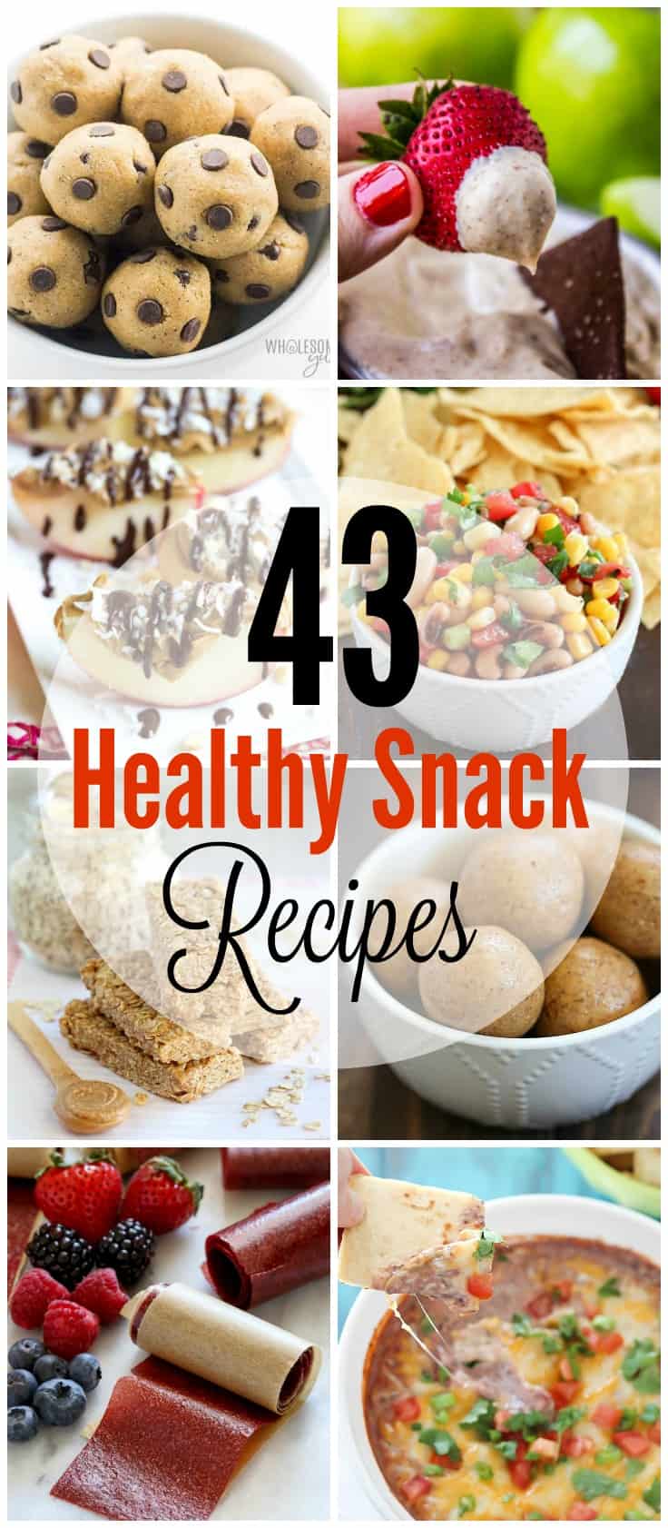 Collage photo of eight gorgeous healthy snack ideas for the whole family. 