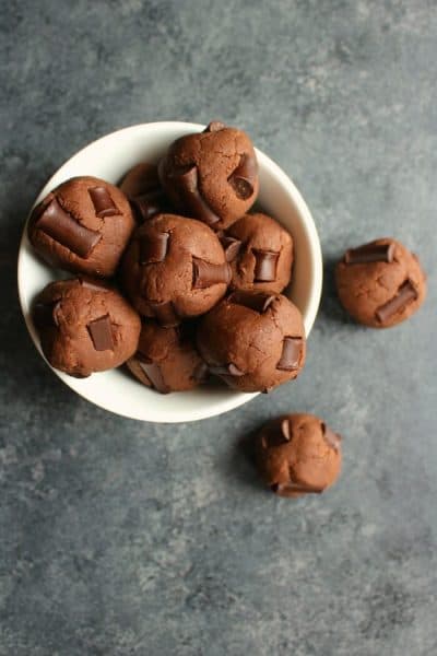 Overhead view of Fudge Brownie Protein Bites in a bowl + 43 Healthy Snack Recipes