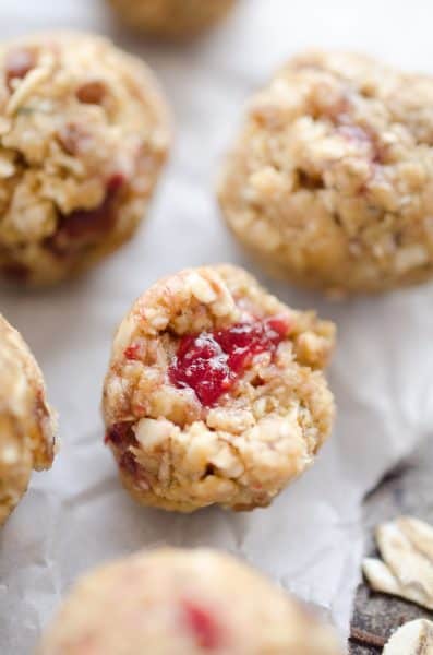 Close up shot of Peanut Butter & Jelly Surprise Energy Bites - healthy recipe ideas!