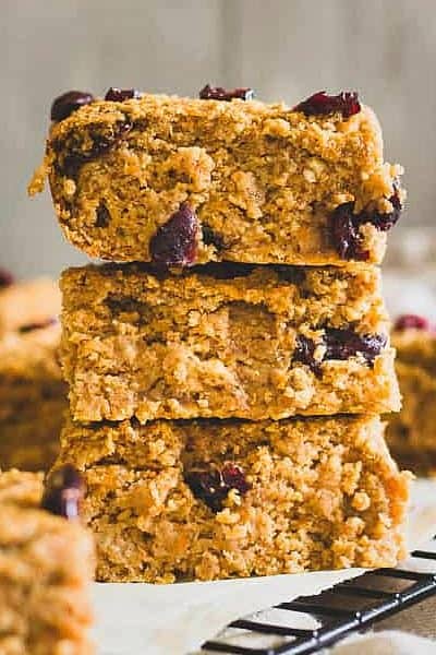 Side view of cut & stacked Sweet Potato Oat Bars + 43 Healthy Snack Ideas