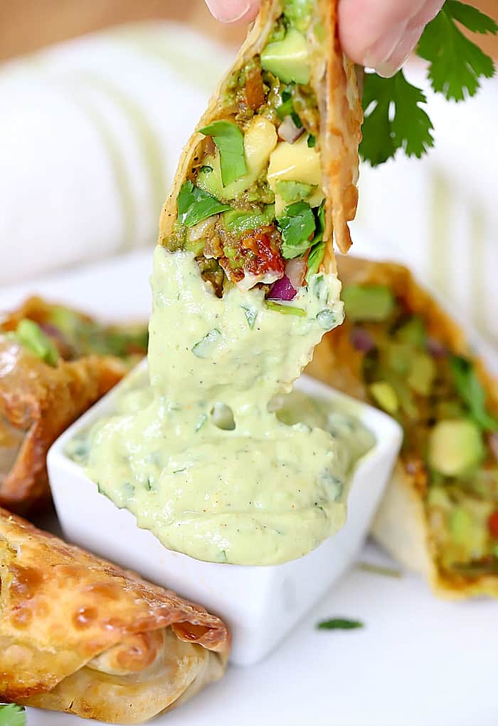 An Egg Roll smothered in Avocado dipping sauce. So fresh and delicious!