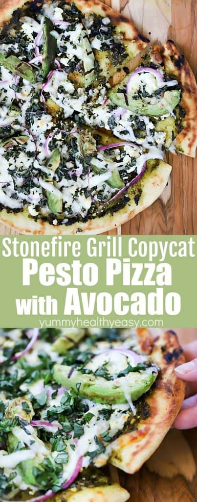Stonefire Grill Copycat Pesto Pizza with Avocado Collage for Pinterest with text.