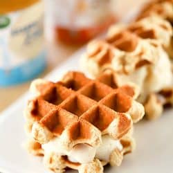 Ice Cream sandwiched between two waffle cookies on a plate with ice cream in the background.