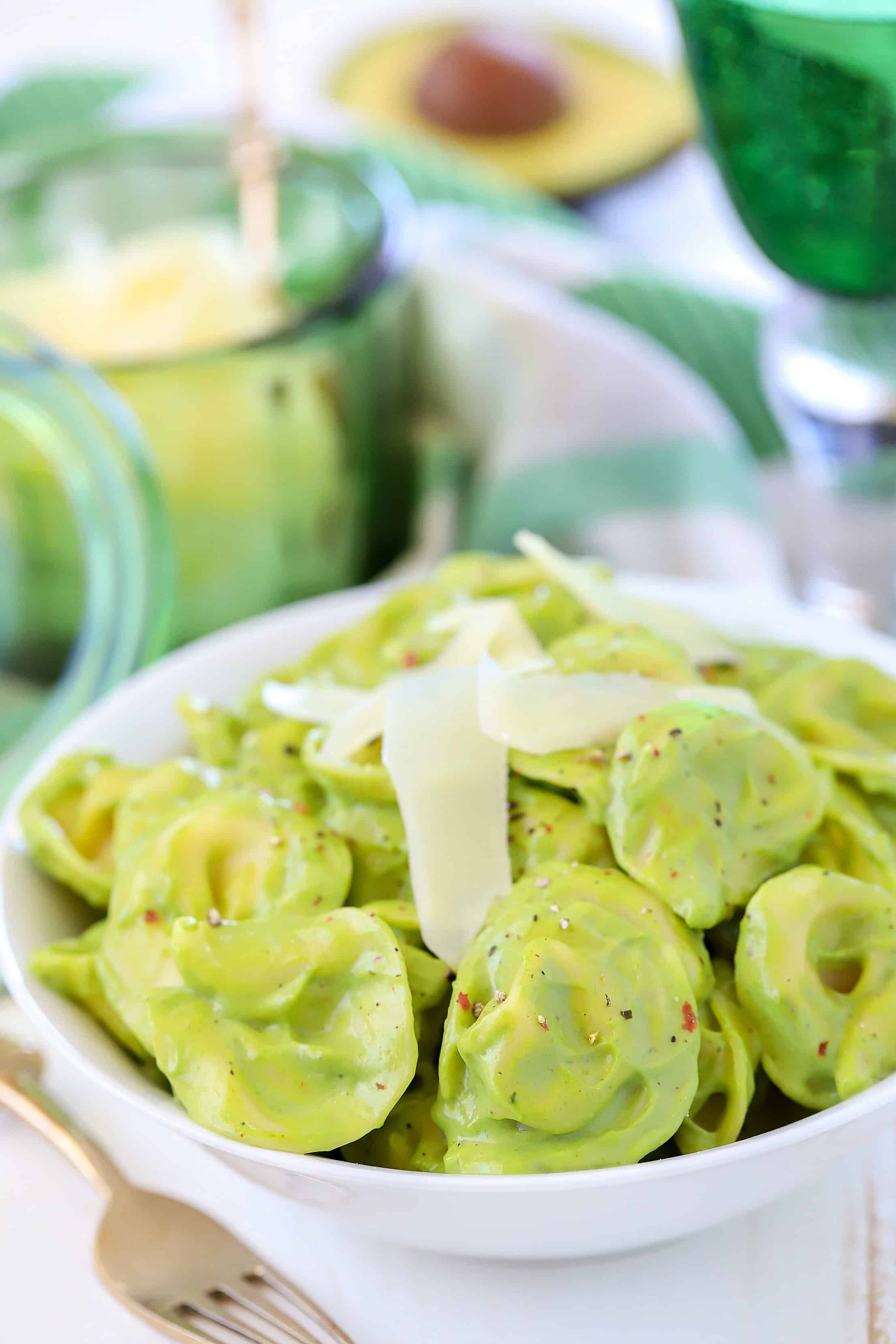 Close shot of a bowl filled with avocado tortellini
