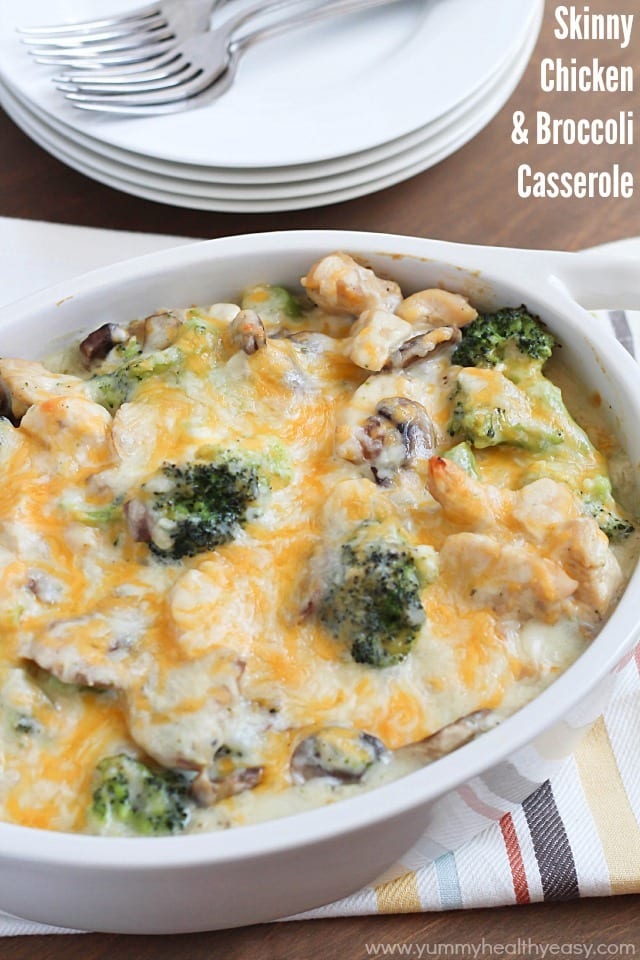 Casserole dish filled with chicken and broccoli deliciousness. 