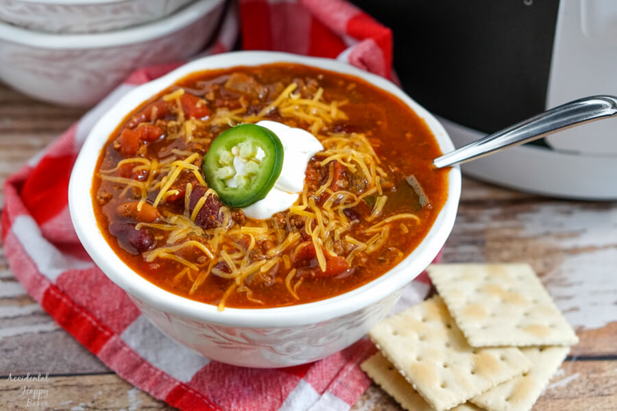 A white bowl of copycat Wendy's chili