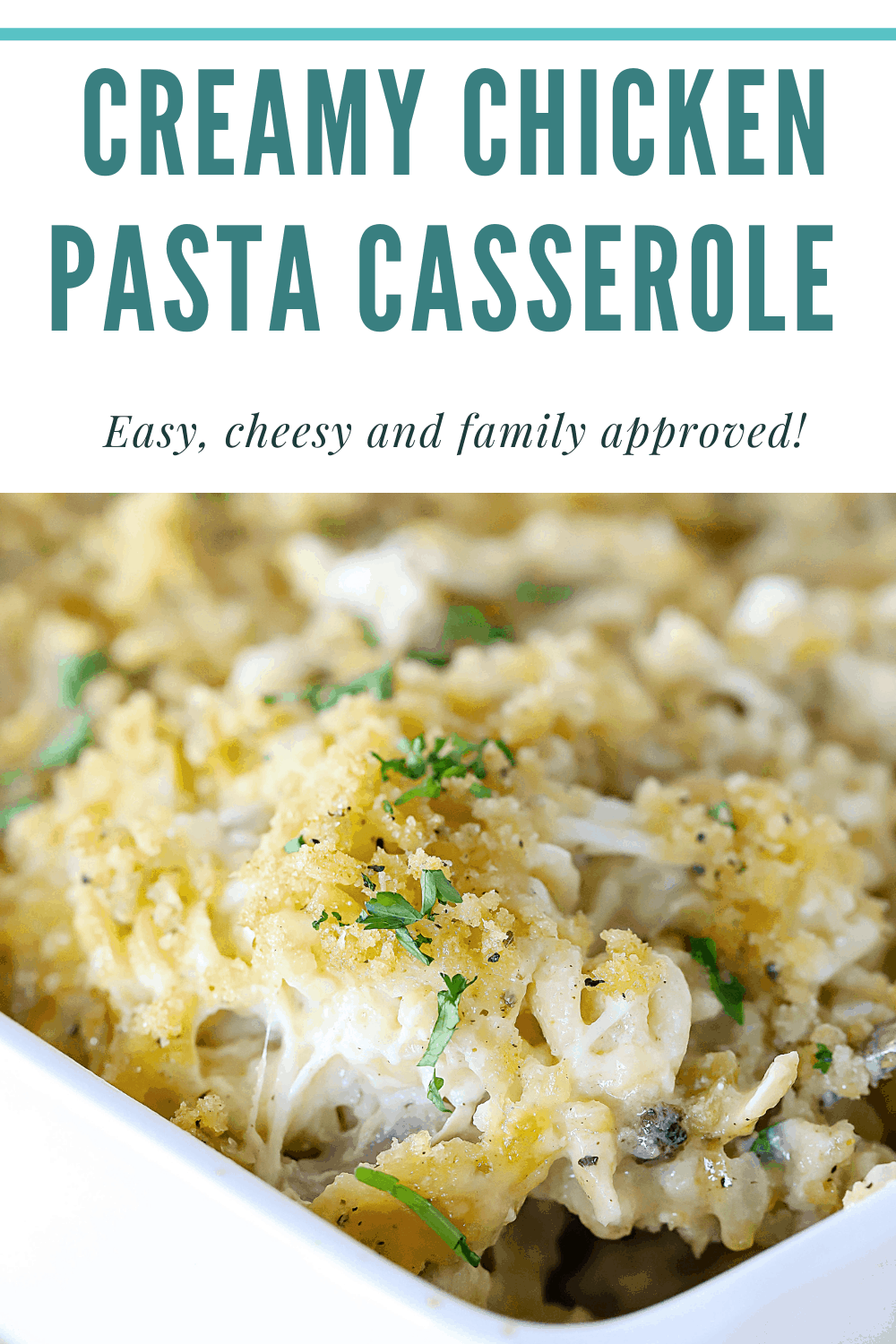 Looking for an easy, cheesy and family approved dinner recipe? You NEED this Creamy Chicken Pasta Casserole in your life! It's always a hit and makes great leftovers (if there are any!) #chicken #dinner #easy #yummy #casserole #pasta #familydinner #yummyhealthyeasy via @jennikolaus