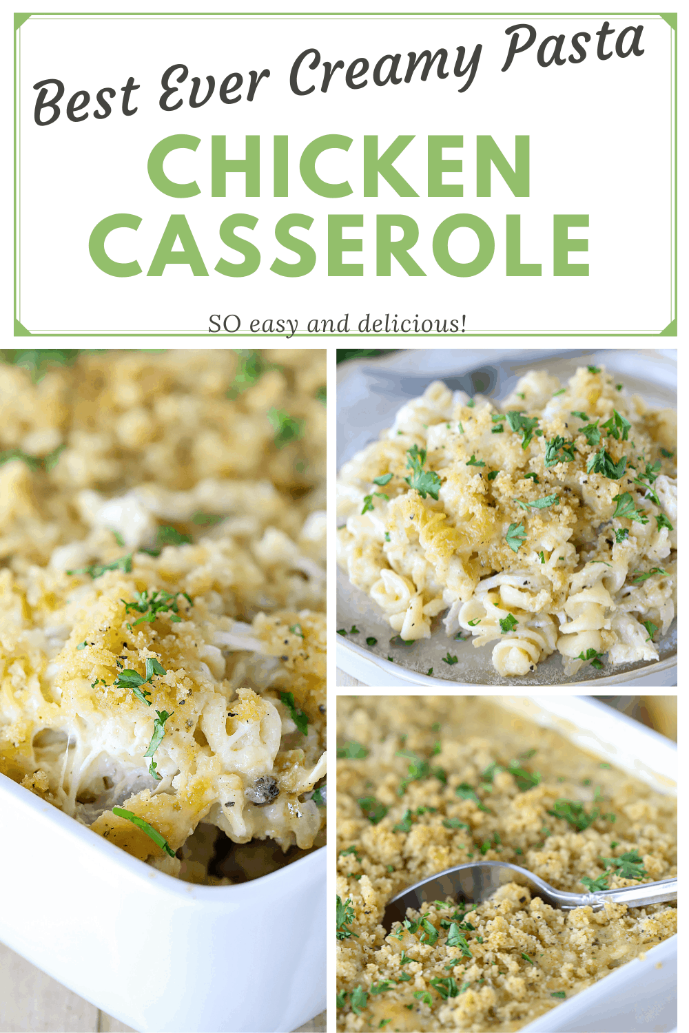Looking for an easy, cheesy and family approved dinner recipe? You NEED this Creamy Chicken Pasta Casserole in your life! It's always a hit and makes great leftovers (if there are any!) #chicken #dinner #easy #yummy #casserole #pasta #familydinner #yummyhealthyeasy via @jennikolaus