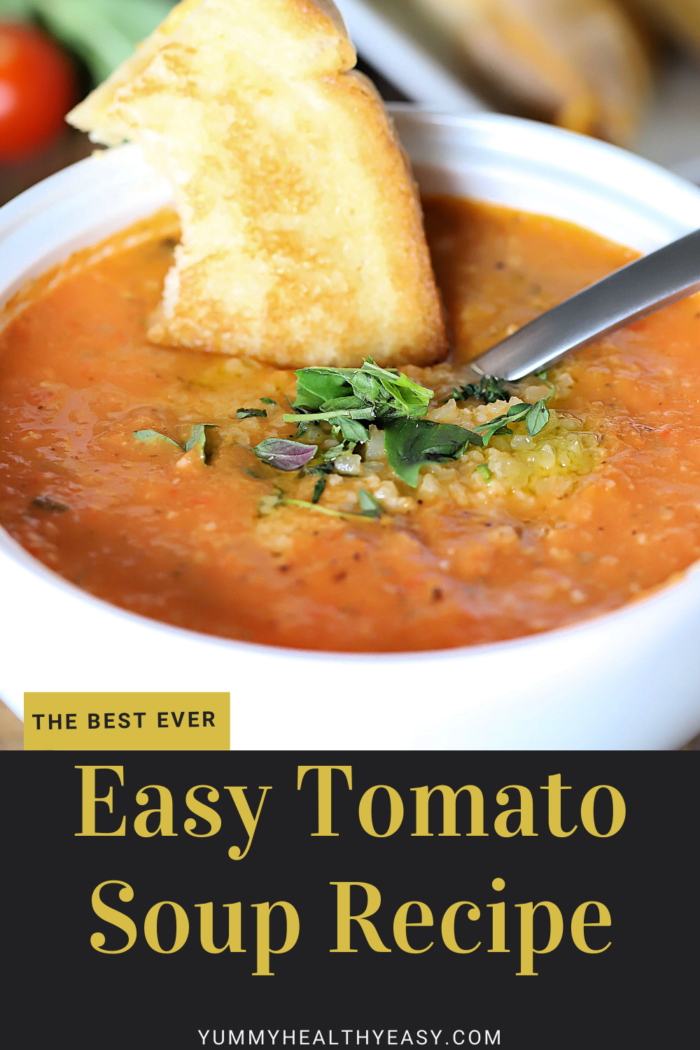 This is the Easiest Tomato Soup Recipe you'll ever make! Tomatoes, bell peppers, onion, garlic and spices are roasted and then blended up to make a delicious, easy soup that everyone will love. It's the perfect side dish to a grilled cheese sandwich! #soup #dinner #healthy #yummy #tomato #vegetables via @jennikolaus