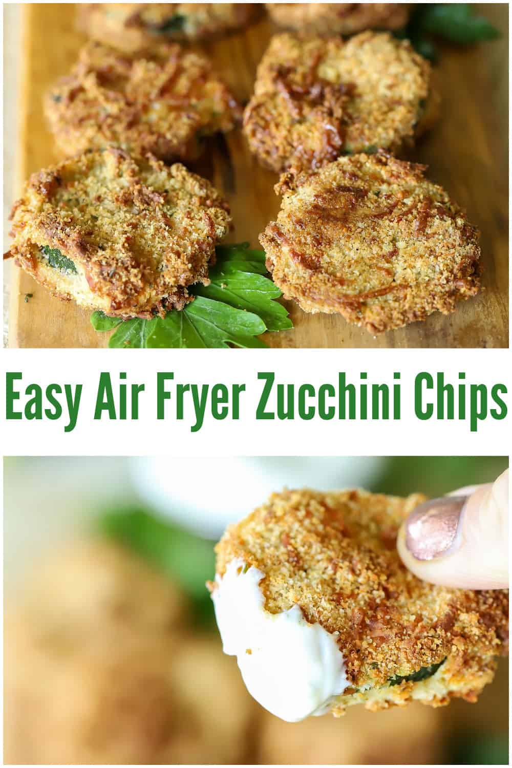 Easy Air Fryer Zucchini Chips are the perfect snack or side dish. Serve with a healthy Greek yogurt and ranch dipping sauce, and you won't stop snacking on them! #airfryer #appetizer #snack #zucchini #healthyrecipe #healthy via @jennikolaus