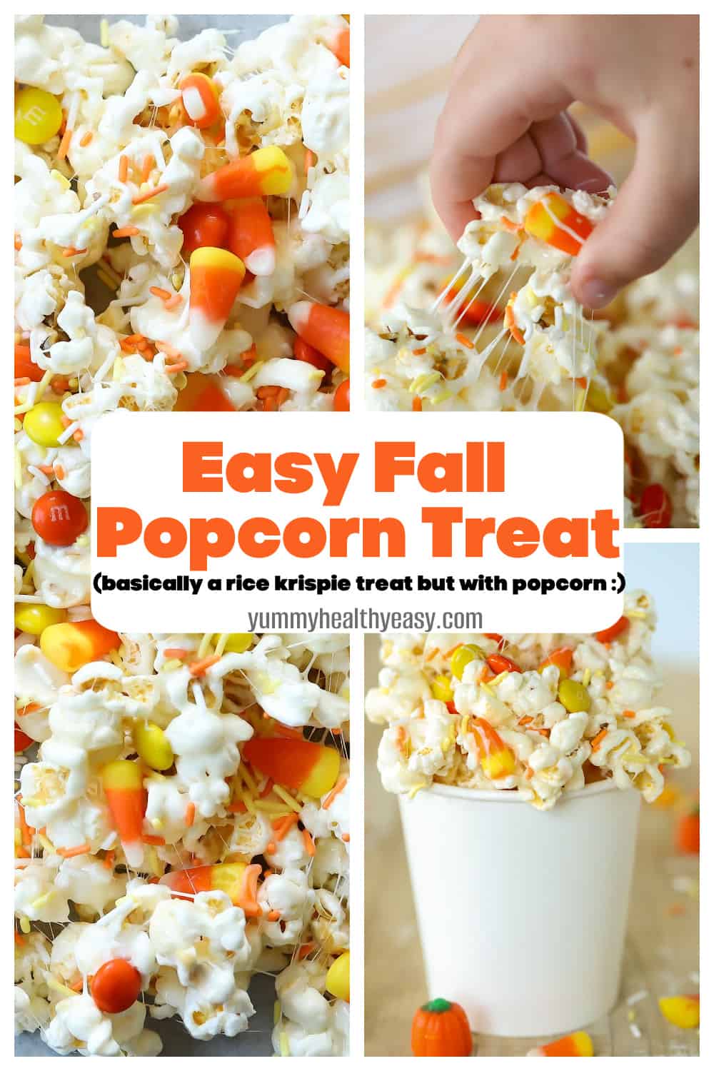 This Easy Marshmallow Fall Candy Corn Popcorn Treat combines Candy Corn, M&M's and Popcorn in one fun dessert that's easy to make and will be the hit at any fall party! #dessert #candycorn #fall #halloween #easydessert #popcorntreat #falltreat via @jennikolaus