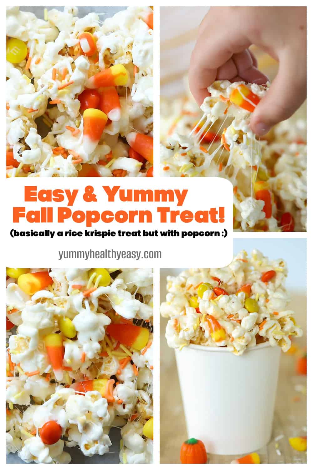 This Easy Marshmallow Fall Candy Corn Popcorn Treat combines Candy Corn, M&M's and Popcorn in one fun dessert that's easy to make and will be the hit at any fall party! #dessert #candycorn #fall #halloween #easydessert #popcorntreat #falltreat via @jennikolaus