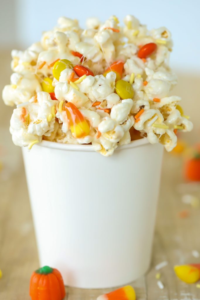 Container filled with Fall Candy Corn Popcorn